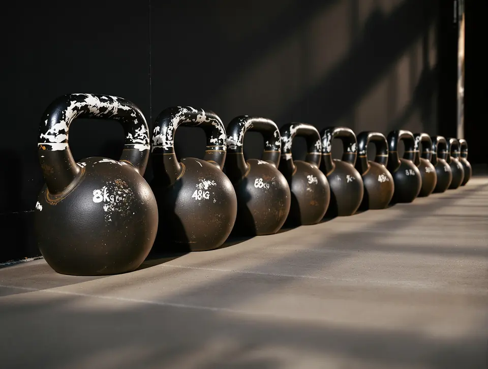 A row of competition kettlebells from 8kg to 48kg lined up on concrete.