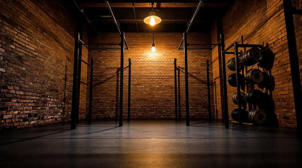 The Foundry gym floor at dusk with warm pendant lighting over squat racks.