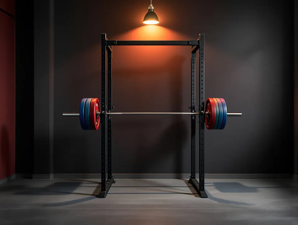 A single power rack with calibrated red bumper plates on the side tree.