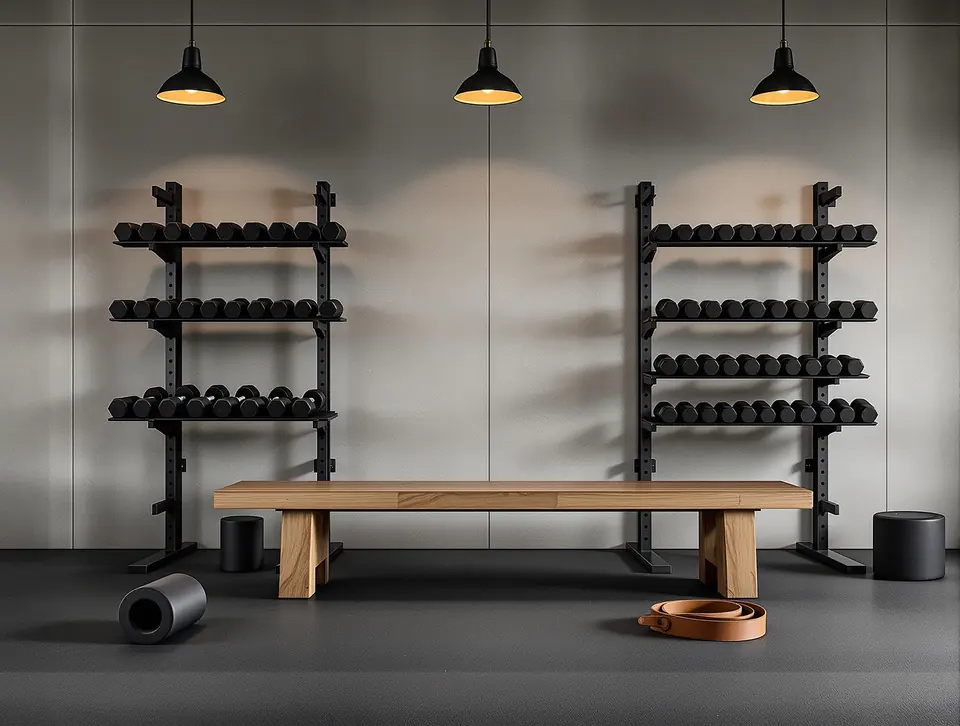 A free-weight section with hex dumbbells racked vertically to 50kg.
