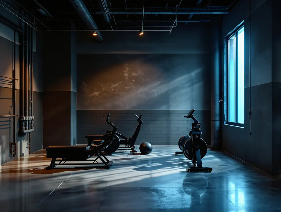 Conditioning zone with assault bikes and a rower under industrial windows.